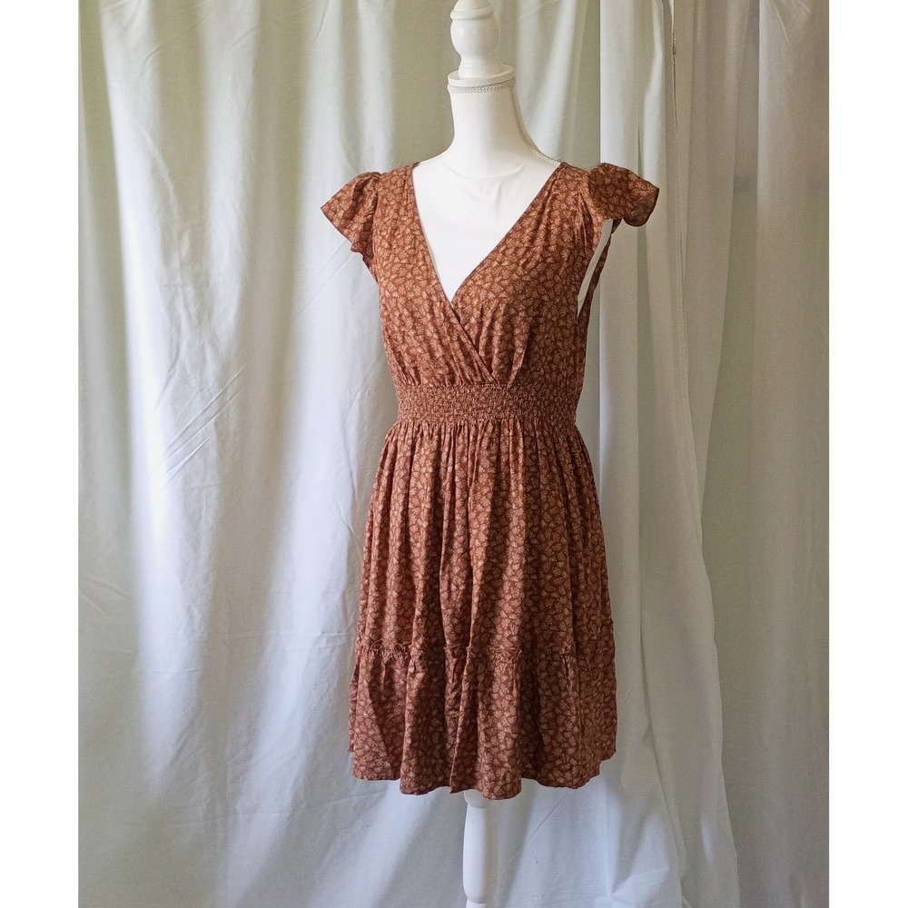 Candies Rust Brown Floral Smocked Waist Flutter Sleeve Tiered Mini Dress XL